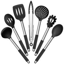 Juego de utensilios de cocina de silicona E-far, 7 piezas resistentes al calor pequeños, negro