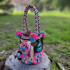 Bolso Wayuu Grande Hecho a Mano COLOMBIANO Brillante Pom Pom Boho Mochila Estilo Tribal
