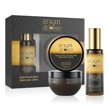 Conjunto de mascarilla capilar profesional argan de luxe y aceite capilar y sérum corporal.