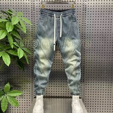 Pantalones de mezclilla clásicos para hombre harén ajustados pantalones de mezclilla sueltos con cordón moda informales 