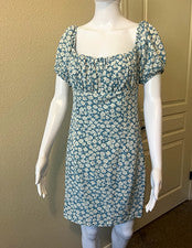 Nuevo con etiquetas Moda Nova Para Mujer L Azul Blanco Floral Mini Vestido Manga Abullonada Cuello Cuadrado