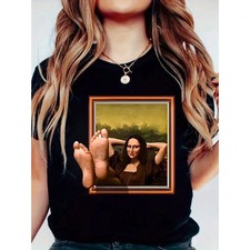 Camiseta informal estampada con patrón de Mona Lisa de moda para damas - Top suave y elástico