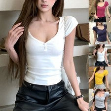 Moda Mujer Cuello en V Slim Camiseta Manga Corta Botones Estilo Retro Top