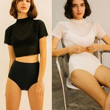 Trendy Blanco y Negro Estilo Británico Mujer Camiseta con Malla Cuello Redondo