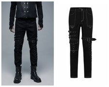 Pantalones Largos Punk Rave Decoración Cordón Ajustables Rodilleras Pantalones Negros