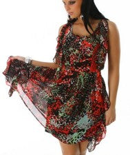 Sexy Mujer Chifón Moda Mini Vestido Volante Colorido Verde Rojo 34 XS Nuevo Top