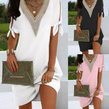 Vestido para mujer de verano moda artesanal puño abertura lazo color liso escote vestido de encaje