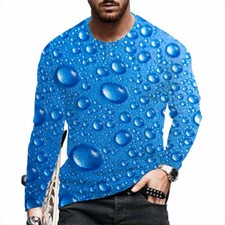 Camiseta Hombre 3D Azul Gotas De Agua Imprimir Manga Larga Moda Casual Novedad