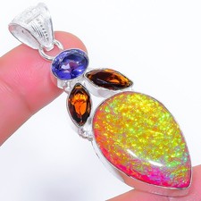 Triple ópalo de fuego, piedras preciosas ahumadas 925 colgante de joyería de ...