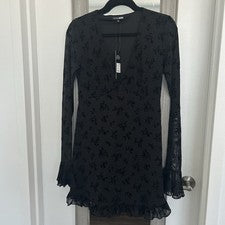 NUEVO CON ETIQUETAS Moda Nova Para Mujer Vestido Negro Floral Manga Larga Femenino Divertido Mediano