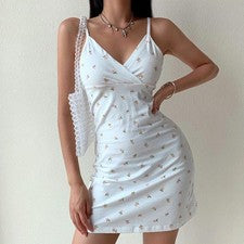 Vestido Poliéster Retro Delgado Sin Mangas Sexy Sin Espalda Espagueti - Vestido Cinturón
