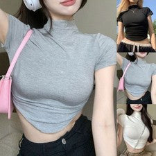 Camisetas cortas de verano para mujer cuello alto manga corta moda estilo básico