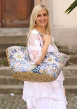 BOLSO DE CESTA Y LENTEJUELAS - BOLSO DE PLAYA - azul blanco