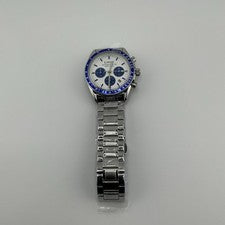 Reloj Pulsera Analógico Cronógrafo Unisex Tono Plata Metal Pulsera Bisel Azul