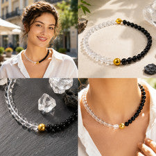 Encantadora cadena de piedras preciosas de cristal de montaña y ónix en forma de bola Ø-10 mm