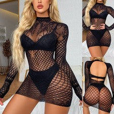 Vestido medias body de red de pescado malla sin espalda sexy cabrestante de encaje moda