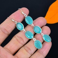 Pendiente de joyería de plata de ley 925 hecho a mano con piedras preciosas de calcedonia azul 2,76"