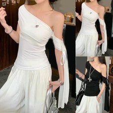Moda mujer verano camiseta sin hombros slim manga corta monocromática estilo vintage