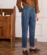 Hombres Estilo Británico Nápoles Retro Cintura Alta Pierna Recta Pantalones Denim Pantalones