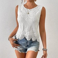 Camiseta informal de moda de poliéster con cuello redondo sin mangas de encaje para mujer