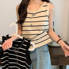Top de camisola corta sin mangas de punto a rayas para uso diario informal para mujer