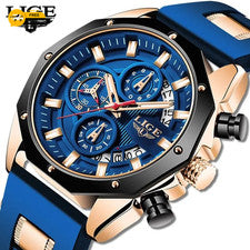 Reloj de pulsera deportivo cronógrafo impermeable de lujo para hombre azul dorado LIGE 2025