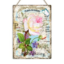 Placa de pared de metal francés vintage flor rosa blanca Shabby Chic decoración del hogar