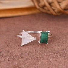 Anillo de compromiso de plata de ley 925 regalo para ella con piedra lunar y malaquita