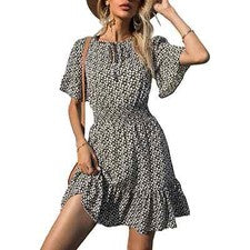 Moda Informal Para Mujer Estampado Floral Manga Corta Cintura Volantes Mini Vestido Verano
