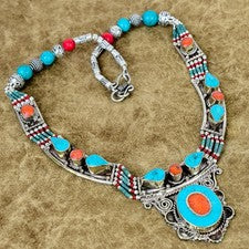 Collar Coral Natural, Turquesa Tibetana Plata de Ley 925 Joyería Boho SC68