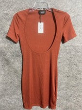 Vestido de sidra para mujer S tejido ceñido al cuerpo cuello redondo elástico manga corta marrón