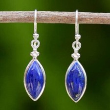 Pendientes colgantes de lapislázuli macizo de plata de ley 925 genuinos hechos a mano para mujer