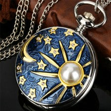 Reloj Bolsillo Retro Cuarzo Diseño Luna Sol Único para Hombre Mujer Cadena Larga Regalo