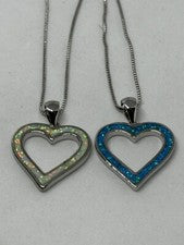 Collar colgante de plata de ley 925 blanco/azul ópalo fuego corazón abierto regalo en caja