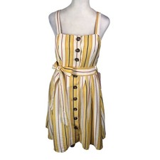 Nuevo Vestido Solero Mujer Talla Pequeña Amarillo Rayas Espalda Sin Espalda Botón Delantero Verano