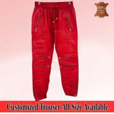Pantalones de chándal rojos suaves de cuero genuino para hombre Pantalones de correr Cremallera Estilo clásico