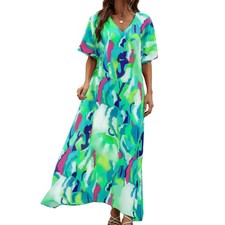 (M) Vestido Maxi Mujer Cuello en V Cómodo Suelto Vestido Largo Para