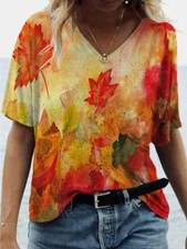 ⭐Blusa Mujer Camiseta Hoja De Arce Gráfico Moda Suelta Manga Corta Cuello V Tops