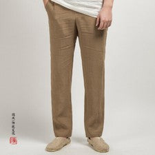 Pantalones rectos largos de lino estilo chino retro para hombre cintura media pantalones informales nuevos