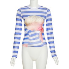 NUEVO Top informal de manga larga con cuello redondo estampado a rayas de moda para mujeres #T