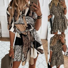 Mujeres Moda Botón Mini Camisa Vestido OL Damas Manga Larga Blusa Prenda para el torso Vestidos