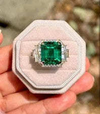 Anillo de compromiso raro diamante esmeralda natural corte esmeralda de 4,50 quilates oro amarillo de 14 quilates