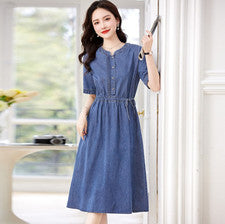 Vestido de mezclilla fino para mujer de verano manga corta informal línea A jeans vestido moda