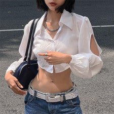 Mujer Moda Tendencia Informal Solapa Cárdigan Hueco Manga Larga Camiseta Prenda para el torso