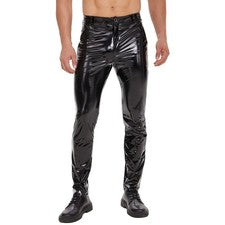Pantalones informales de pierna recta de cuero brillante PU corte abierto con cremallera para hombre