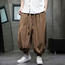 Pantalones harén holgados estilo chino para hombre pierna ancha retro informales pantalones florecientes