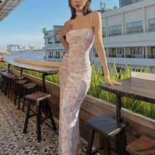 Vestido halter con tirantes sin espalda y estampado de rosas de moda para mujer falda larga cintura alta