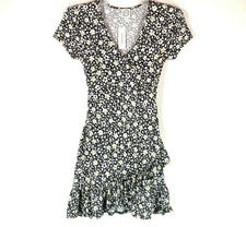 Vestido Fransesca's Mujer Mediano Negro Amarillo Micro Floral Volantes Dobladillo Envolvente