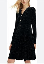Vestido midi negro de terciopelo para mujer con volantes cuello en V caprichoso fiesta brillante