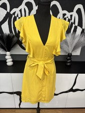 Moda Nova Amarillo Manga Volantes Mini Vestido Para Mujer Pequeño Cinturón Cuello en V